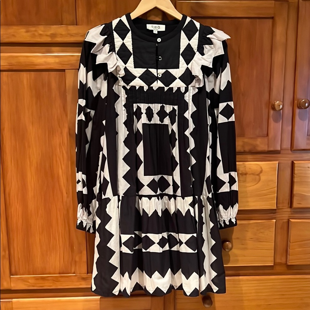 Sea NYC Geometric Black and White Cotton Long Sleeve Mini Dress